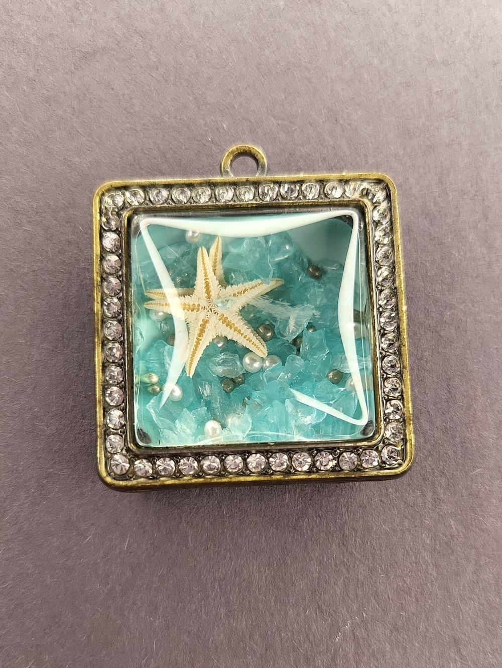 Square Sea Star Turquoise Glass Locket Pendant - Turquoise